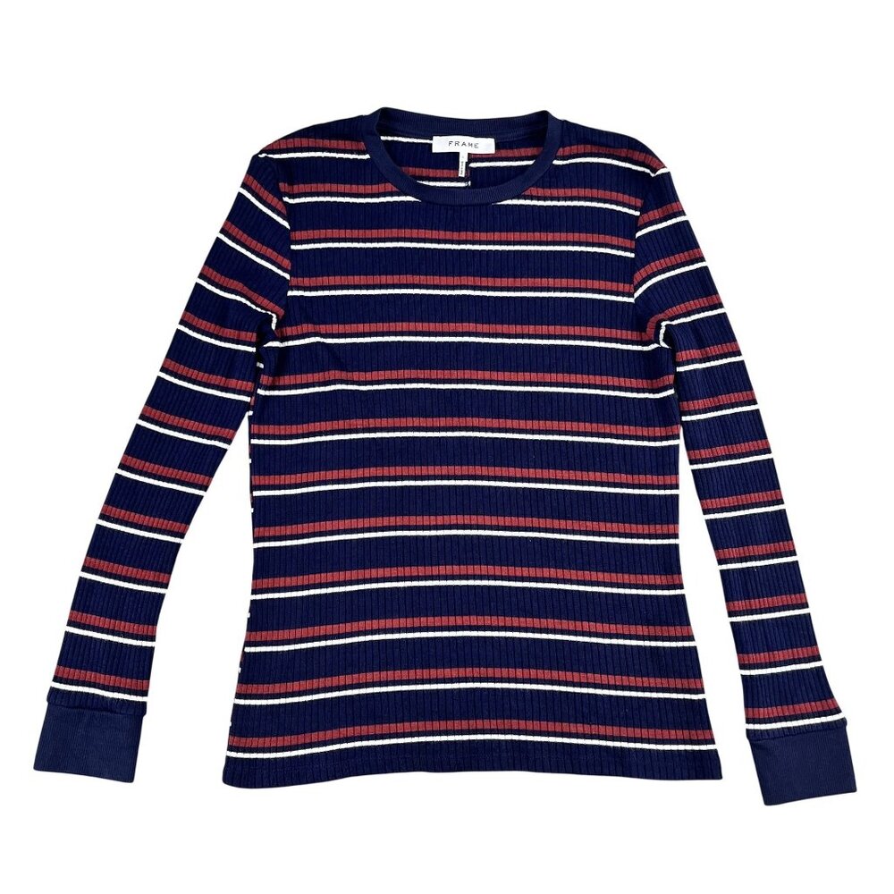Frame Denim Womens Ruched Red & Navy Striped Rib Knit Sweater Sz Large